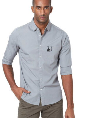 Men’s Solid Slim Fit Cotton Casual Shirt with Spread Collar & Full Sleeves (GREY)