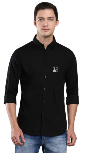 Men’s Solid Slim Fit Cotton Casual Shirt with Spread Collar & Full Sleeves (BLACK)