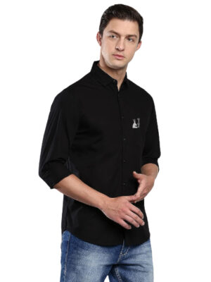 Men’s Solid Slim Fit Cotton Casual Shirt with Spread Collar & Full Sleeves (BLACK)