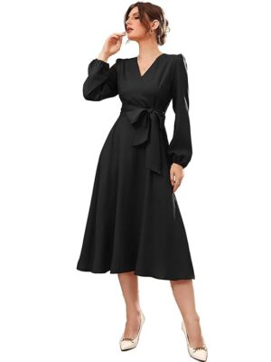 Raindeer stuff Dress for Women Solid Belted Wrap Dress with Bishop Sleeves Surplice Neck High Waist & Flared Hem Midi Dress | Dresses for Women | Long Dresses for Women