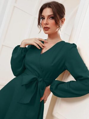 Raindeer stuff Dress for Women Solid Belted Wrap Dress with Bishop Sleeves Surplice Neck High Waist & Flared Hem Midi Dress | Dresses for Women | Long Dresses for Women (GREEN)