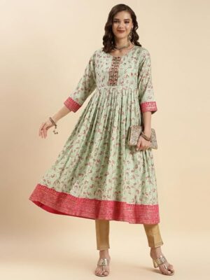 Raindeer stuff Silk Anarkali Kurti for Women | Kurta for Women (Sea Green)