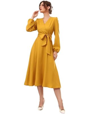 Raindeer stuff Dress for Women Solid Belted Wrap Dress with Bishop Sleeves Surplice Neck High Waist & Flared Hem Midi Dress | Dresses for Women | Long Dresses for Women (MUSTURD)