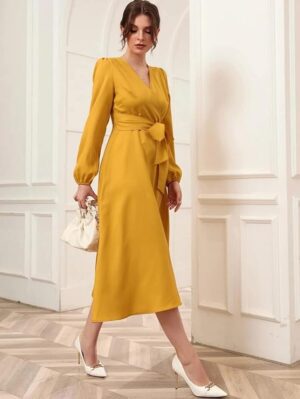 Raindeer stuff Dress for Women Solid Belted Wrap Dress with Bishop Sleeves Surplice Neck High Waist & Flared Hem Midi Dress | Dresses for Women | Long Dresses for Women (MUSTURD)