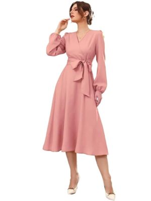 Raindeer stuff Dress for Women Solid Belted Wrap Dress with Bishop Sleeves Surplice Neck High Waist & Flared Hem Midi Dress | Dresses for Women | Long Dresses for Women (PEACH)