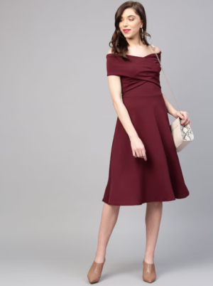 Raindeer stuff Burgundy Off-Shoulder Pleated Fit & Flare Dress