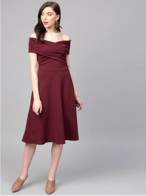 Raindeer stuff Burgundy Off-Shoulder Pleated Fit & Flare Dress