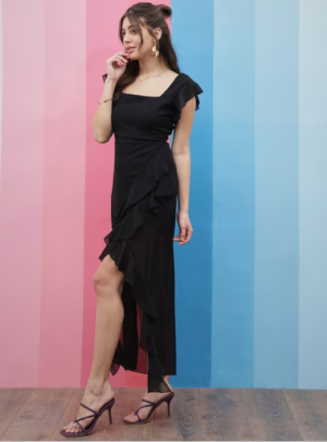 Raindeer stuff Black Square Neck Flutter Sleeves Ruffled Detailed Maxi Dress