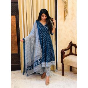 women’s rayon anarkali kurta pant and dupatta set