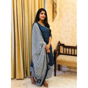 women’s rayon anarkali kurta pant and dupatta set